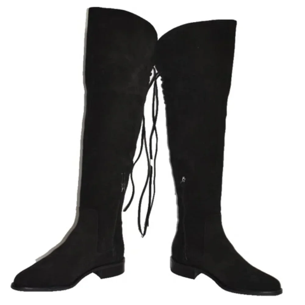 $750 AQUATALIA NICKI BLACK SUEDE WEATHERPROF OVER THE KNEE BOOT LACE 6.5 (MG16.5